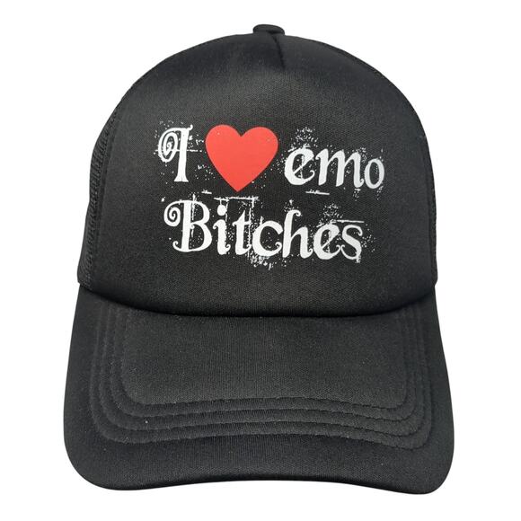 I Heart Emo Bitches Snapback Mesh Back Trucker Hat Black One Size Spencers - Picture 1 of 9